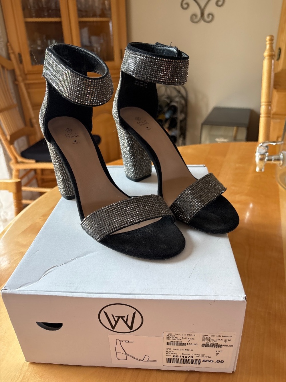 Call it Spring Black Rhinestone “Weekend” Block Heel Sandal Pumps Size 7